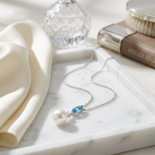 Freshwater Pearl Marquise Blue Topaz & Diamond Pendant 16-18in Adj Chain in 14K White Gold - editorial
