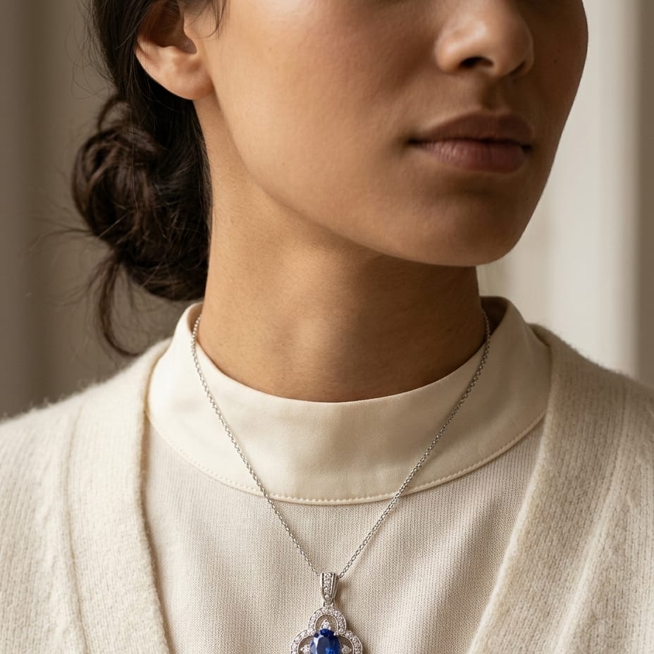 Sapphire & Diamond Oval Floral Pendant 1/7ctw 18-in Adj Rolo Ch in 14K White Gold - editorial