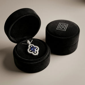Sapphire & Diamond Oval Floral Pendant 1/7ctw 18-in Adj Rolo Ch in 14K White Gold - presentation
