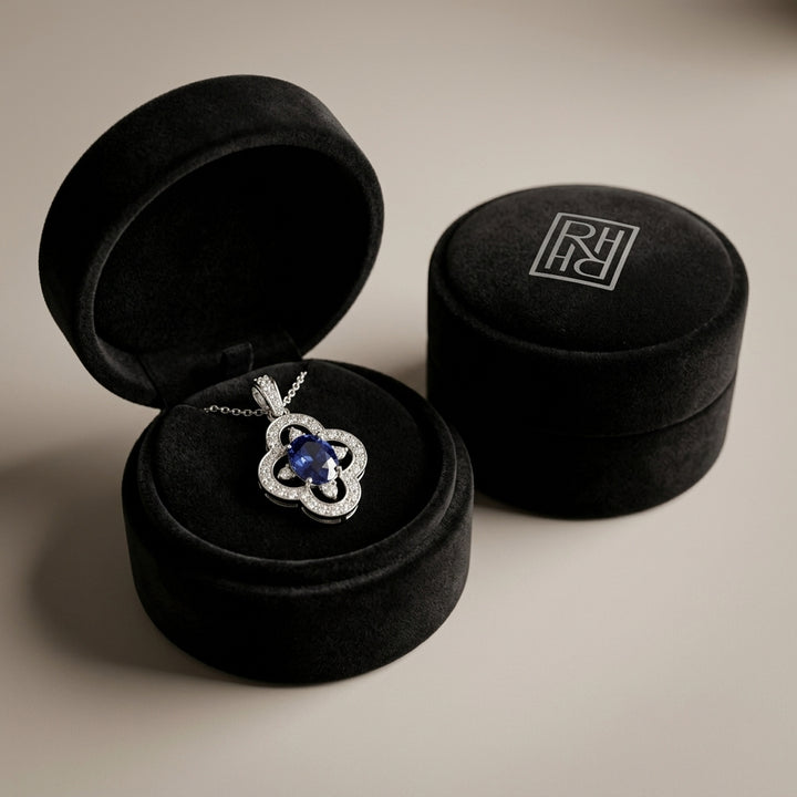 Sapphire & Diamond Oval Floral Pendant 1/7ctw 18-in Adj Rolo Ch in 14K White Gold - presentation