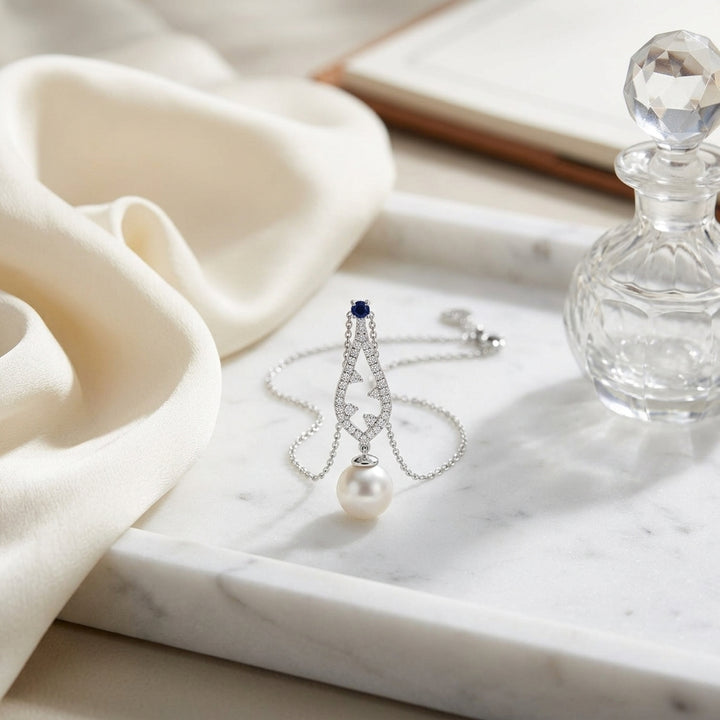 Akoya Pearl Sapphire & Diamond Drop Pendant 1/5ctw 18-in Adj Cable Ch in 14K White Gold - lifestyle