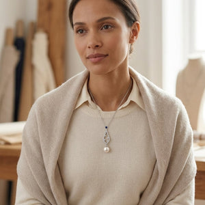 Akoya Pearl Sapphire & Diamond Drop Pendant 1/5ctw 18-in Adj Cable Ch in 14K White Gold - on model
