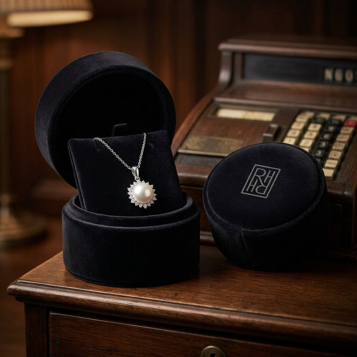 Akoya Pearl & Diamond Circle Pendant 1/5ctw 18-in Adj Rolo Chain in 14K White Gold - presentation
