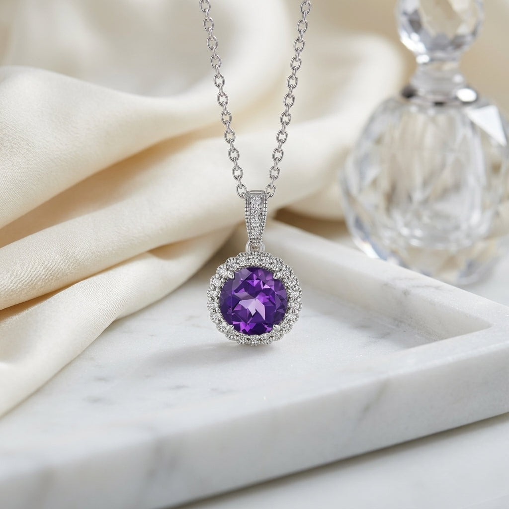 Amethyst & Diamond Round Halo Pendant 1/6ctw Adjustable 16-18 Inch Chain in 14K White Gold - editorial