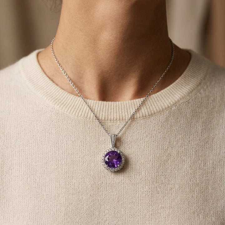 Amethyst & Diamond Round Halo Pendant 1/6ctw Adjustable 16-18 Inch Chain in 14K White Gold - lifestyle