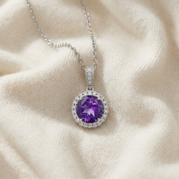 Amethyst & Diamond Round Halo Pendant 1/6ctw Adjustable 16-18 Inch Chain in 14K White Gold - flat lay