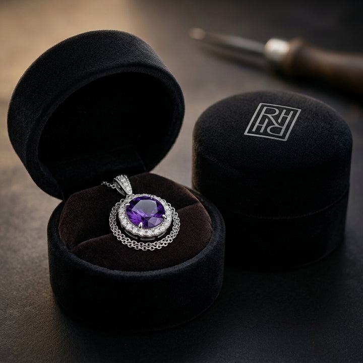 Amethyst & Diamond Round Halo Pendant 1/6ctw Adjustable 16-18 Inch Chain in 14K White Gold - presentation