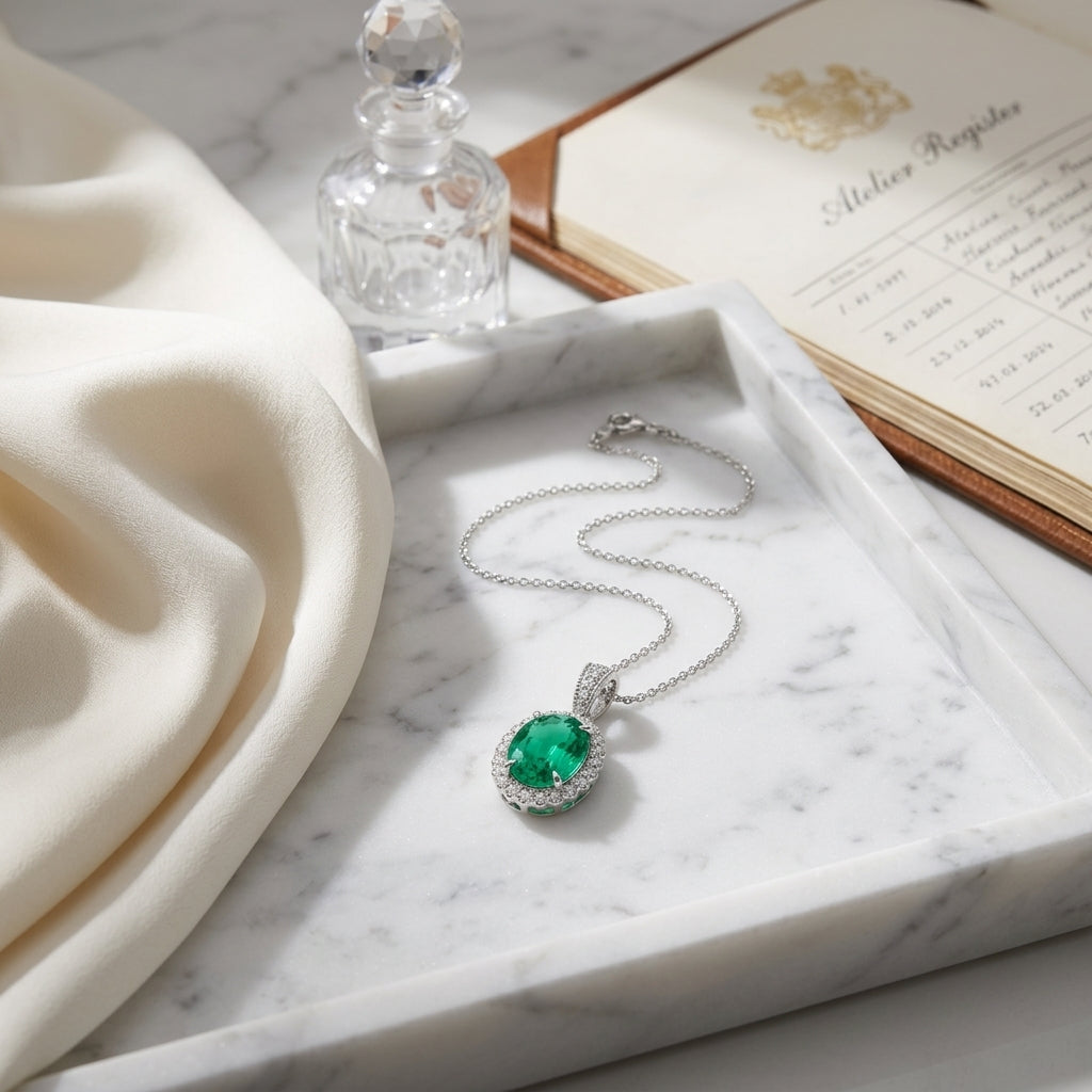 Created Emerald & Diamond Oval Halo Pendant 1/6ctw Adjustable 16-18 Inch Chain in 14K White Gold - lifestyle