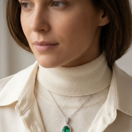 Created Emerald & Diamond Oval Halo Pendant 1/6ctw Adjustable 16-18 Inch Chain in 14K White Gold - editorial