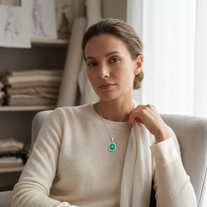 Created Emerald & Diamond Oval Halo Pendant 1/6ctw Adjustable 16-18 Inch Chain in 14K White Gold - on model