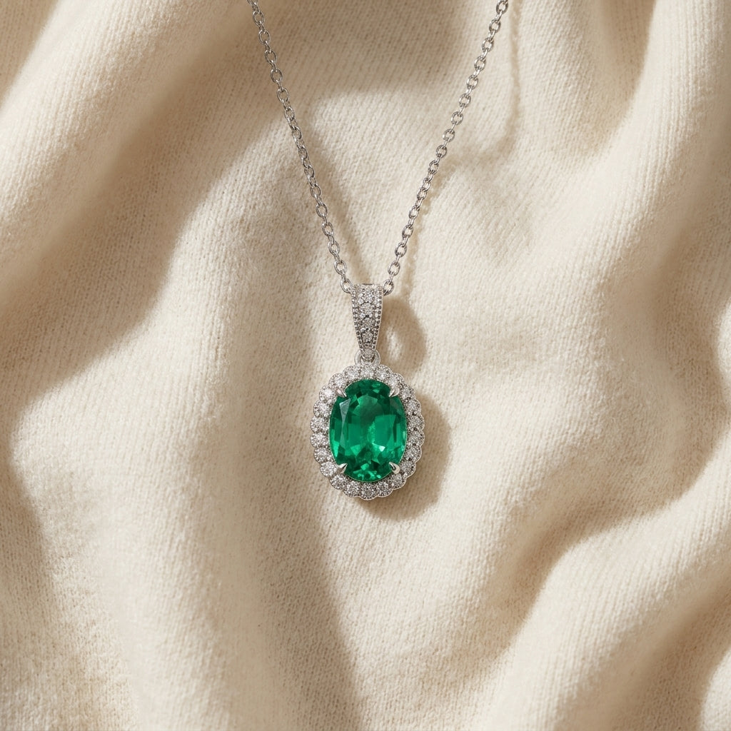 Created Emerald & Diamond Oval Halo Pendant 1/6ctw Adjustable 16-18 Inch Chain in 14K White Gold - flat lay