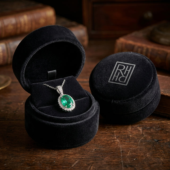 Created Emerald & Diamond Oval Halo Pendant 1/6ctw Adjustable 16-18 Inch Chain in 14K White Gold - presentation
