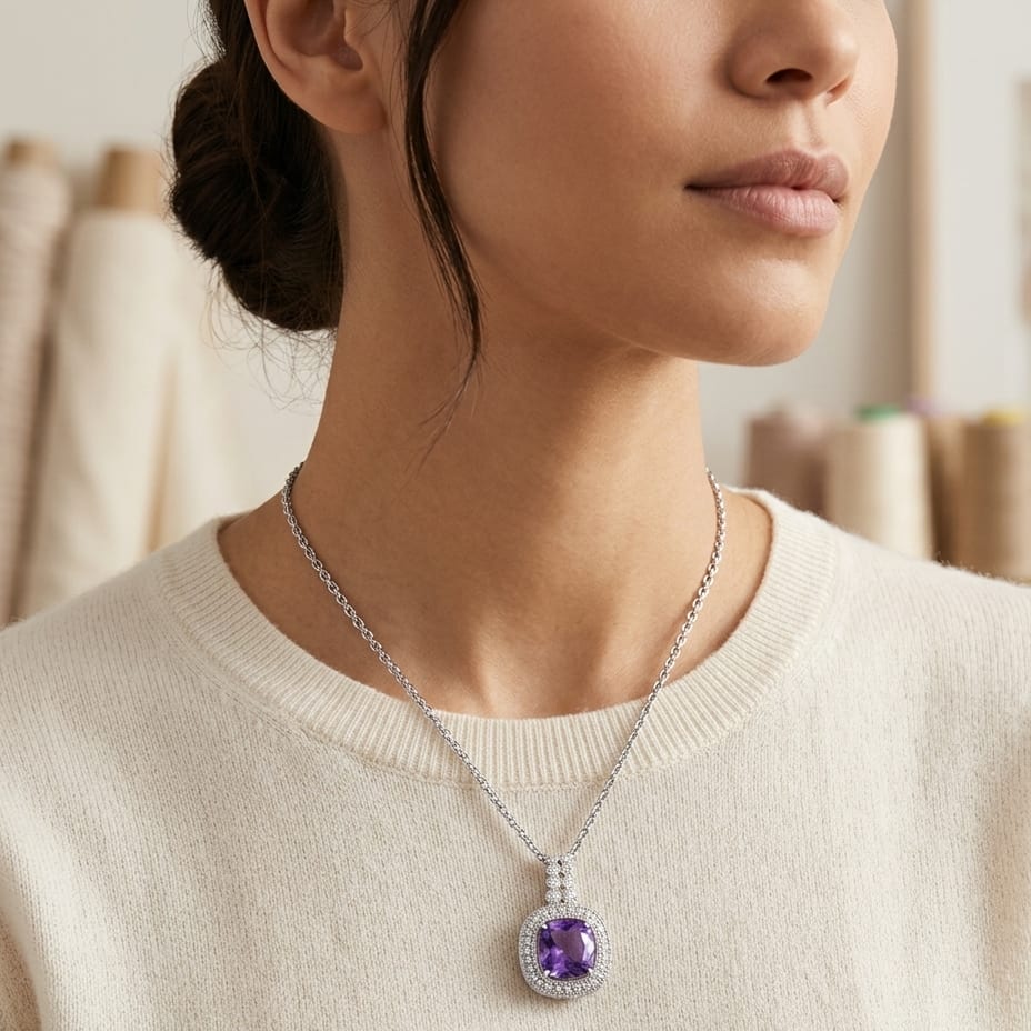 Tanzanite Cushion Halo Diamond Pendant 1/5ctw in 14K White Gold - editorial