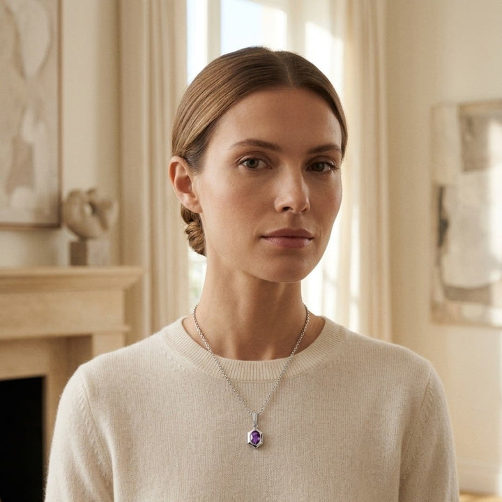Oval Amethyst Pendant 0.70ct & 0.028ctw Diamond Set 16-18 Adj Chain in 14K White Gold - lifestyle