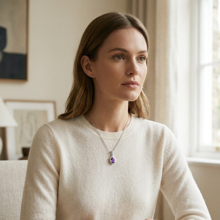 Oval Amethyst Pendant 0.70ct & 0.028ctw Diamond Set 16-18 Adj Chain in 14K White Gold - on model