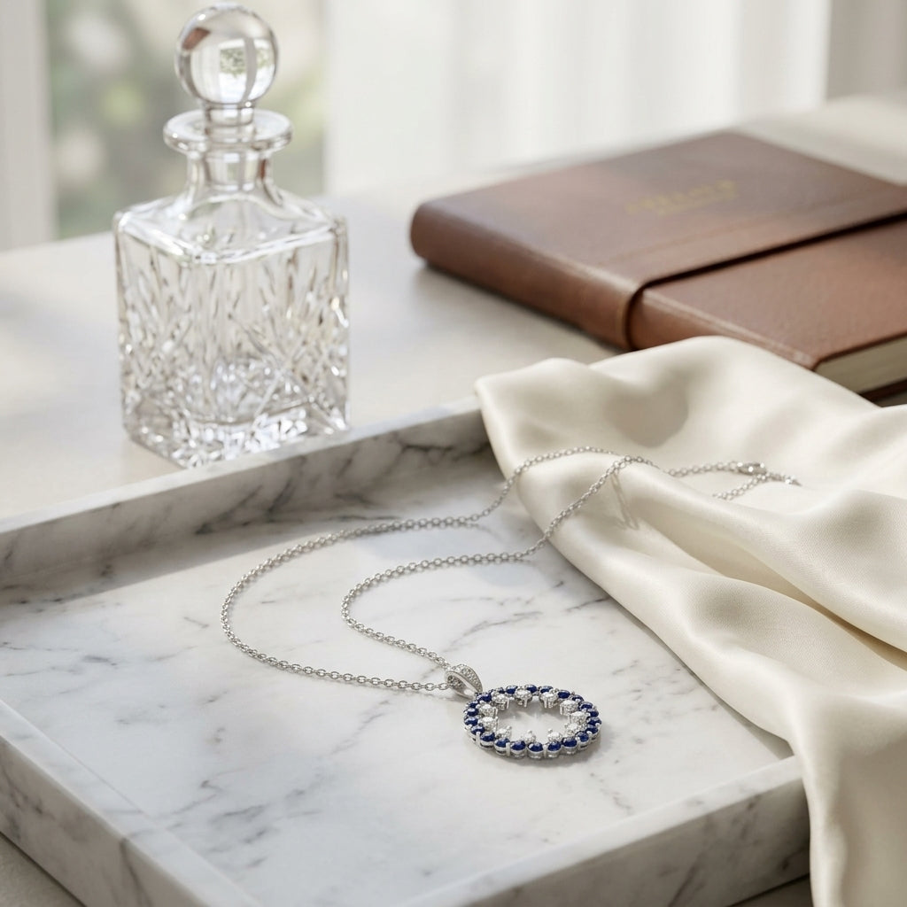 Sapphire & Diamond Circle Pendant 1/2ctw in 14K White Gold - lifestyle
