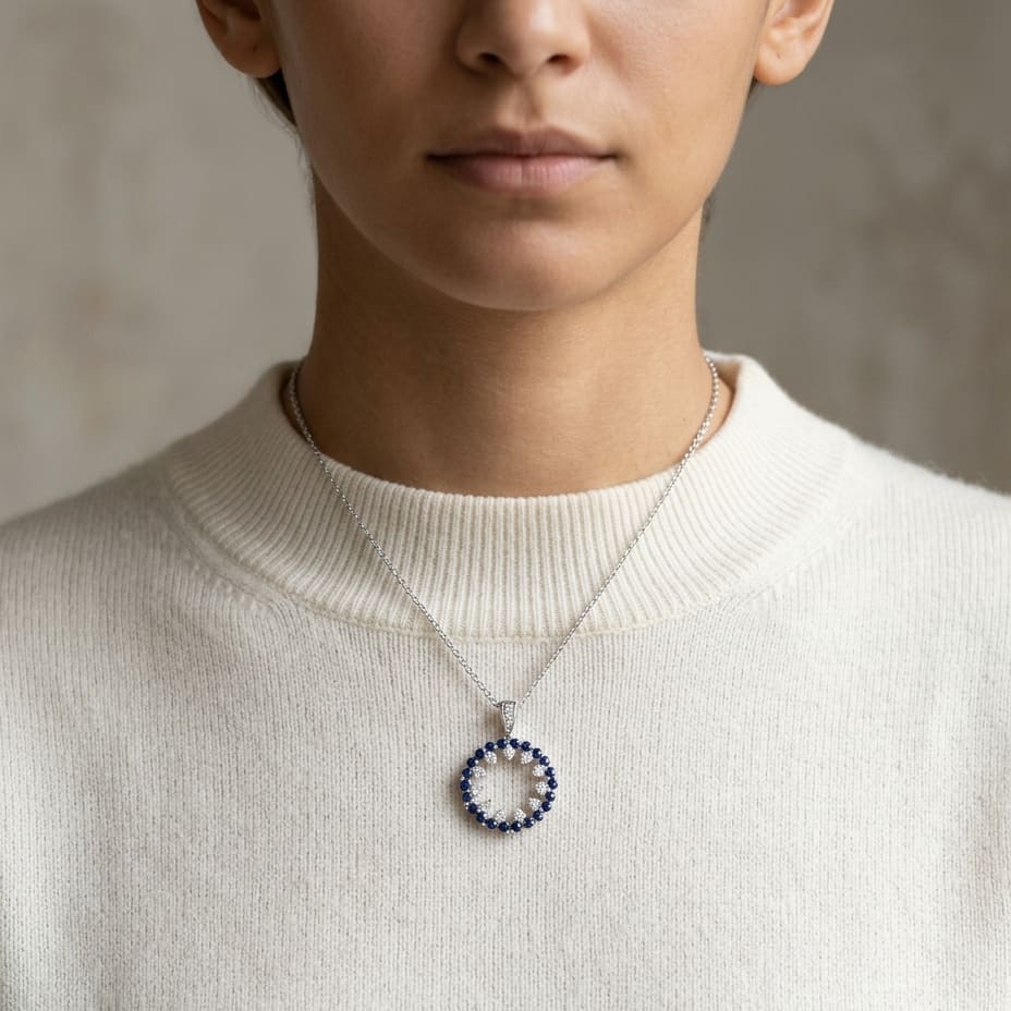 Sapphire & Diamond Circle Pendant 1/2ctw in 14K White Gold - editorial