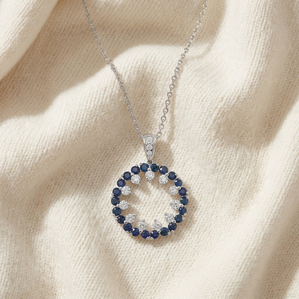 Sapphire & Diamond Circle Pendant 1/2ctw in 14K White Gold - flat lay