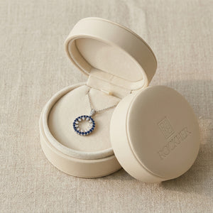 Sapphire and Diamond Circle Pendant in 14k White Gold 0.52ctw, in navy velvet jewelry box