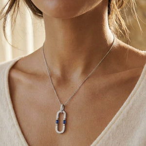 Sapphire and Diamond Flexible Paperclip Pendant in 14k White Gold 0.21ctw, worn close-up portrait