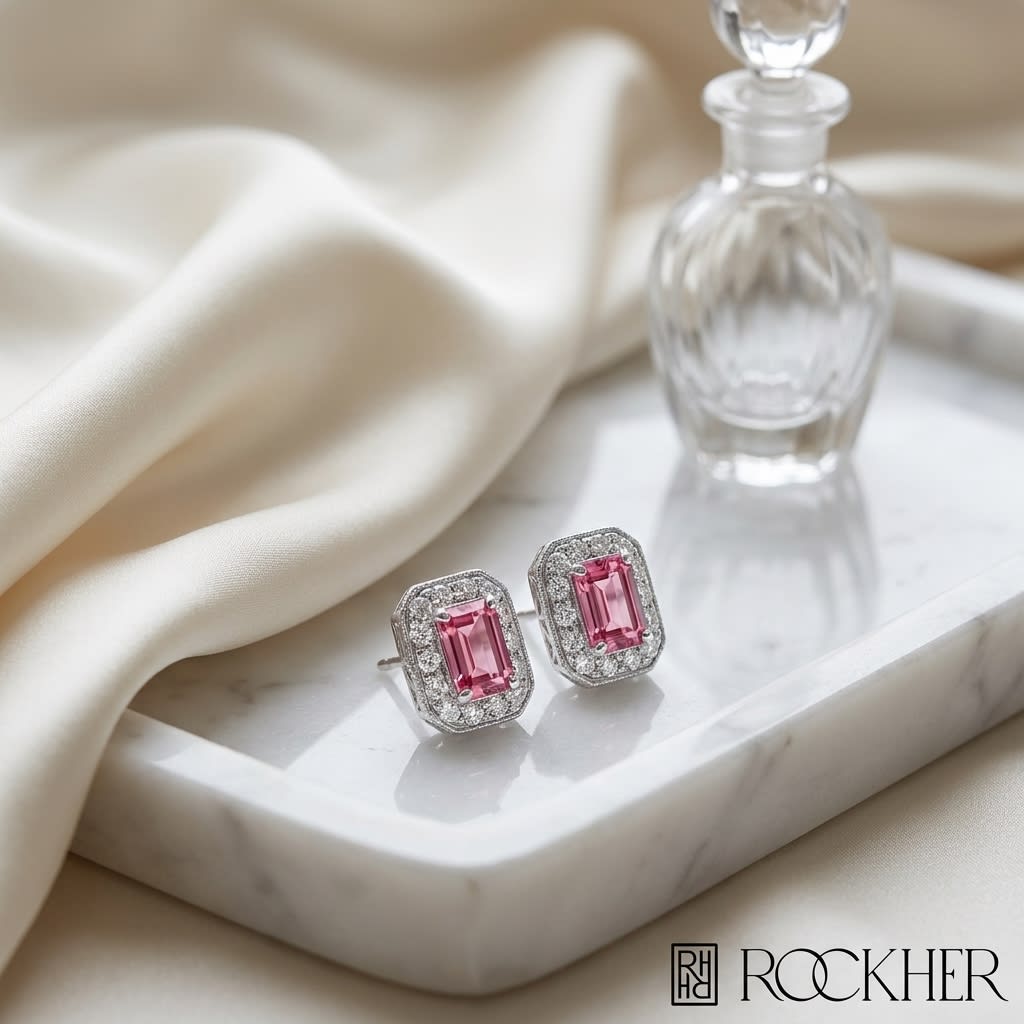 Pink Tourmaline Octagon Stud Earrings in 14K White Gold, on marble vanity tray with silk