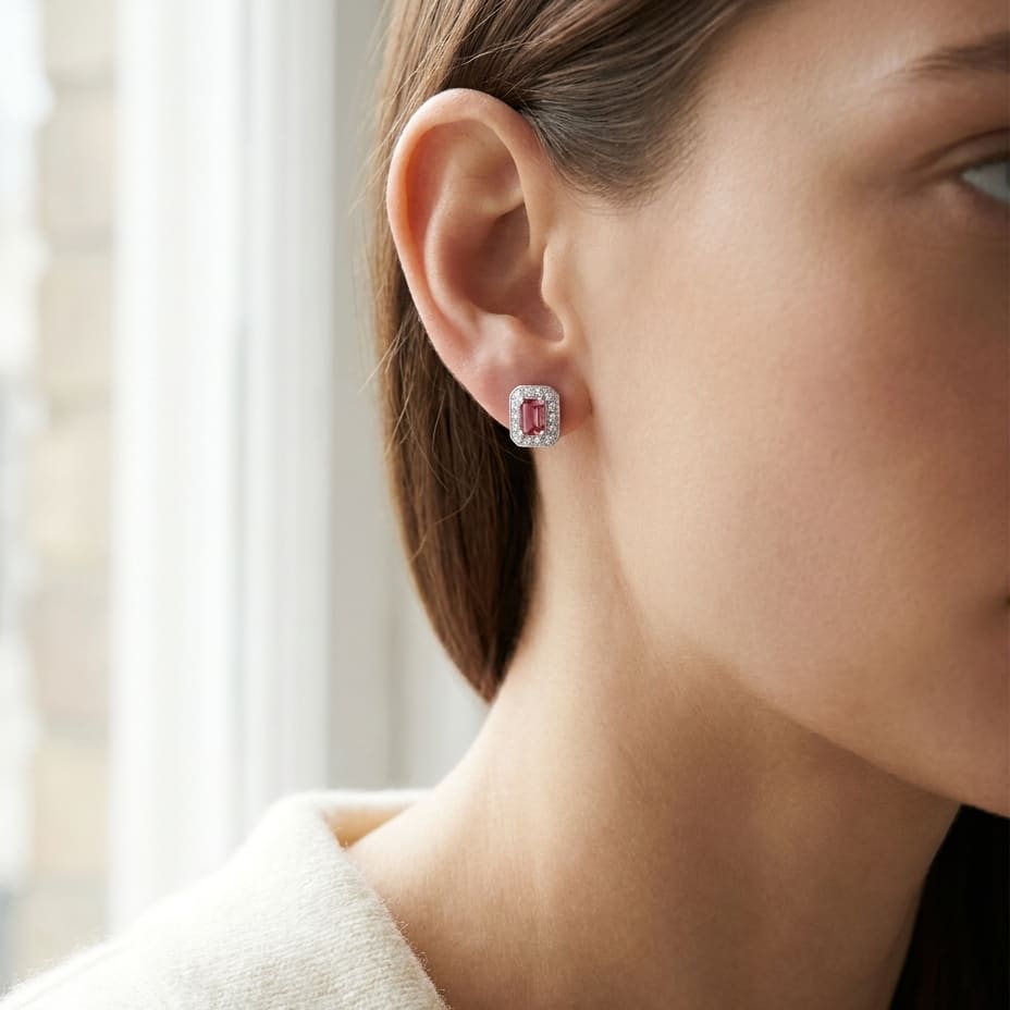 Pink Tourmaline Octagon Stud Earrings in 14K White Gold, worn close-up portrait