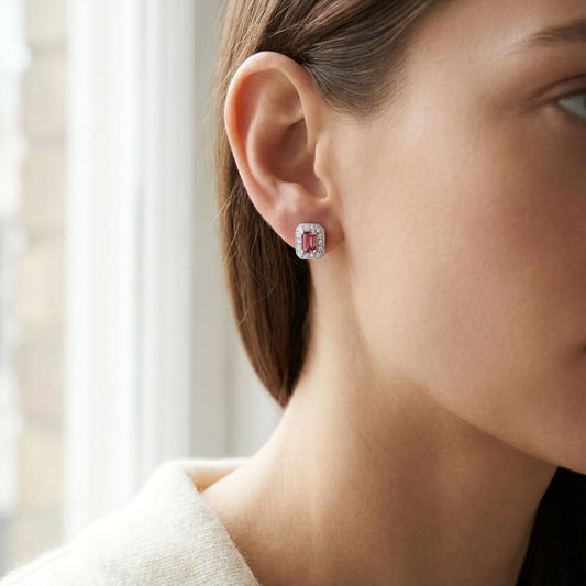 Pink Tourmaline Octagon Stud Earrings in 14K White Gold, worn close-up portrait