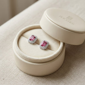 Pink Tourmaline Octagon Stud Earrings in 14K White Gold, in navy velvet jewelry box