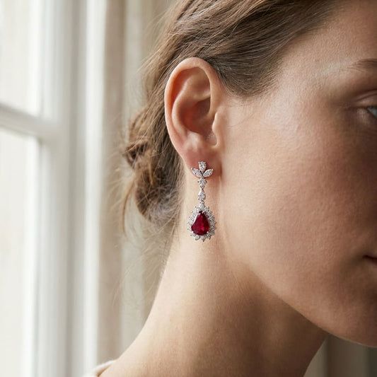 Rubellite And Diamond Teardrop Dangle Earrings in 14K White Gold, worn close-up portrait