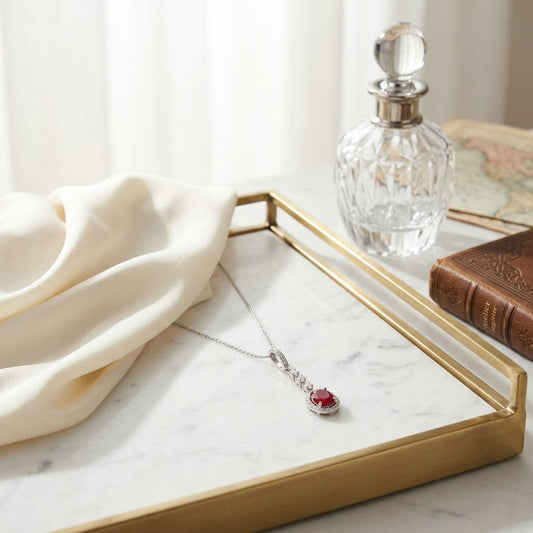 Ruby & Diamond Dangle Oval Halo Earrings in 14K White Gold - editorial