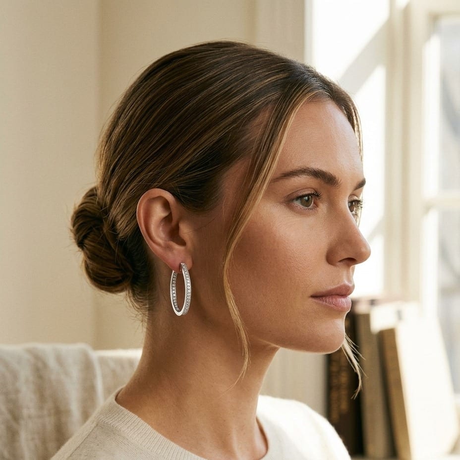 Diamond Classic Inside-Out Hoop Earrings 5/8ctw in 14K White Gold - editorial