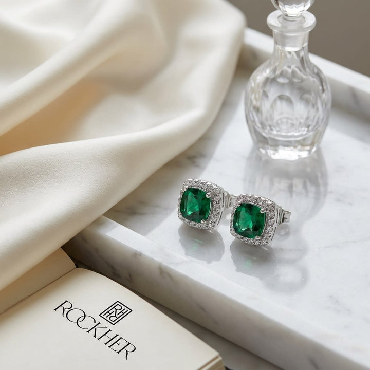 Created Emerald Square Stud Earrings in 14K White Gold, on marble vanity tray with silk
