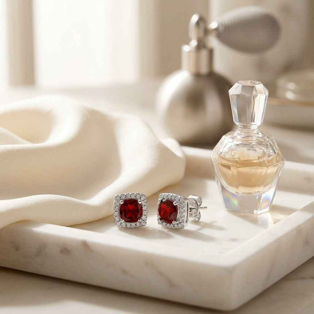 Garnet & Diamond Cushion Halo Earrings in 14K White Gold - lifestyle