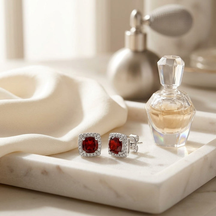 Garnet & Diamond Cushion Halo Earrings in 14K White Gold - lifestyle