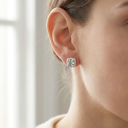 Natural Diamond Round Brilliant Stud Earrings in 14K White Gold, worn close-up portrait