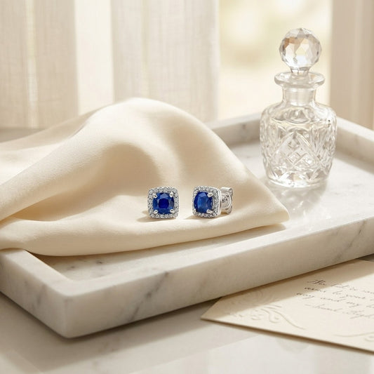 Sapphire & Diamond Cushion Halo Earrings in 14K White Gold - editorial