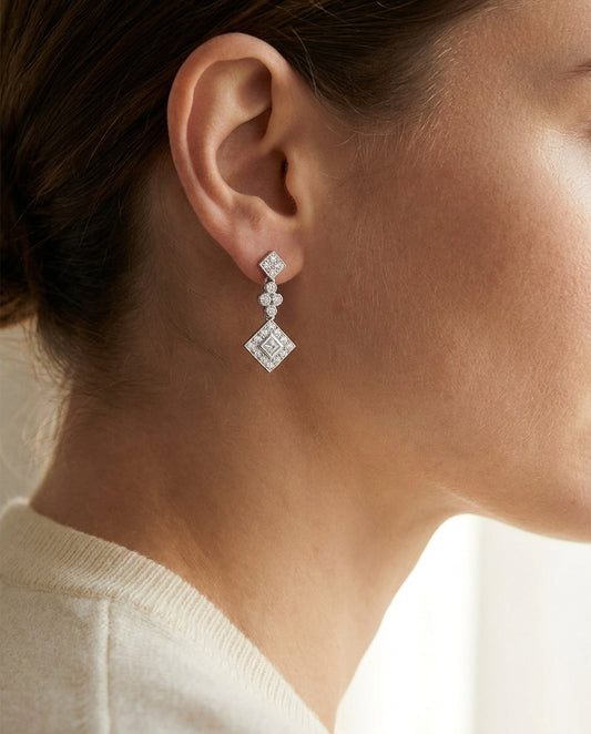 Diamond Princess/round Dangle Earrings 14K White Gold, worn close-up portrait