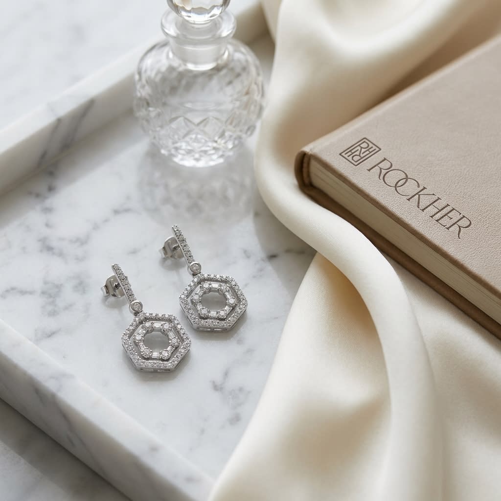 14K White Gold Hexagon Drop Earrings, on marble vanity tray with silk