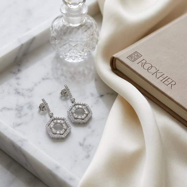 14K White Gold Hexagon Drop Earrings, on marble vanity tray with silk