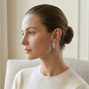 Diamond Baguette & Round Brilliant Multi-Row Oval Hinged Hoop Earring in 14K White Gold - editorial