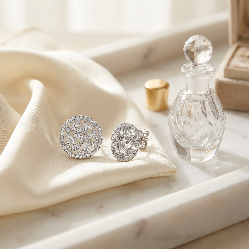 Diamond Baguette & Round Floating Shield Earrings in 14K White Gold - editorial