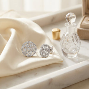 Diamond Baguette & Round Floating Shield Earrings in 14K White Gold - editorial