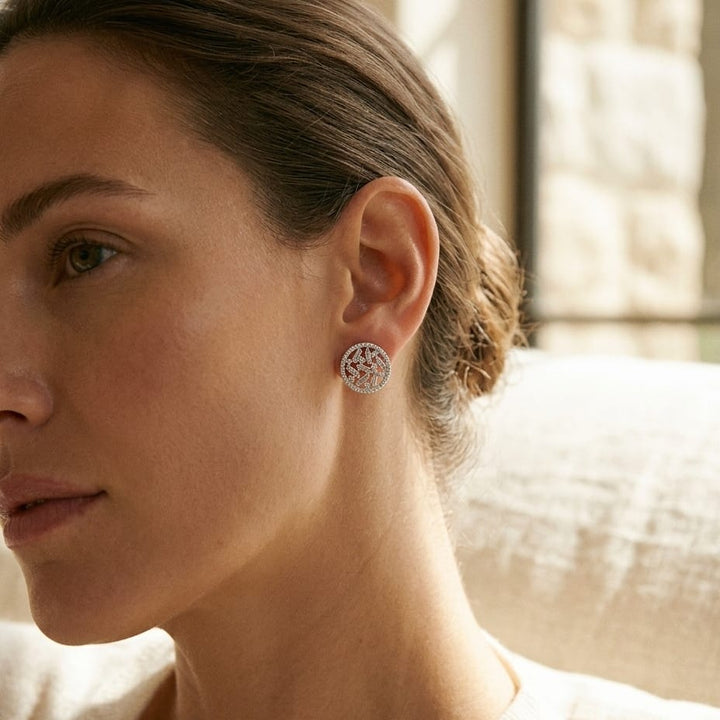 Diamond Baguette & Round Floating Shield Earrings in 14K White Gold - lifestyle
