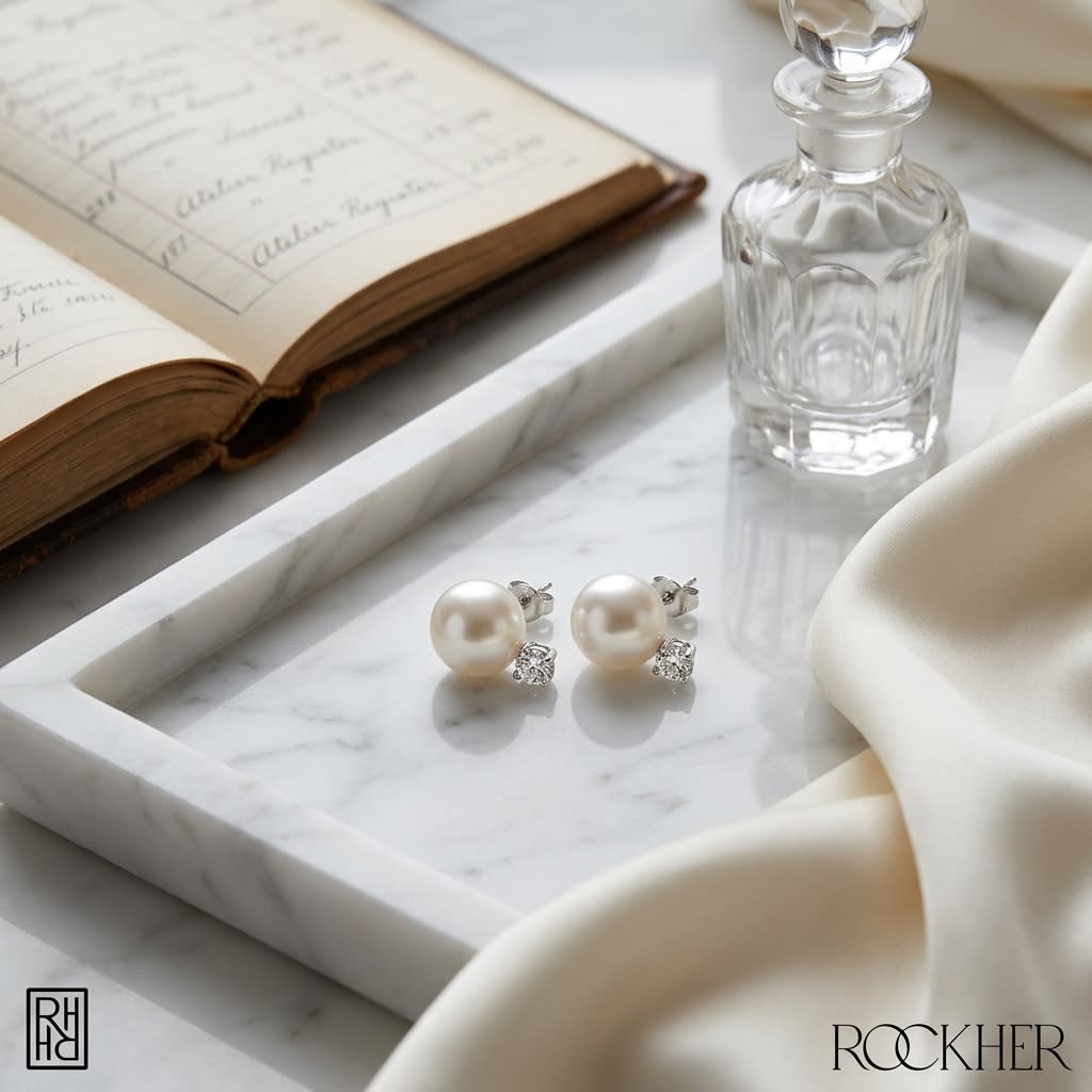 Cultured Pearl Pear Shape Stud Earrings in 14K White Gold, on marble vanity tray with silk