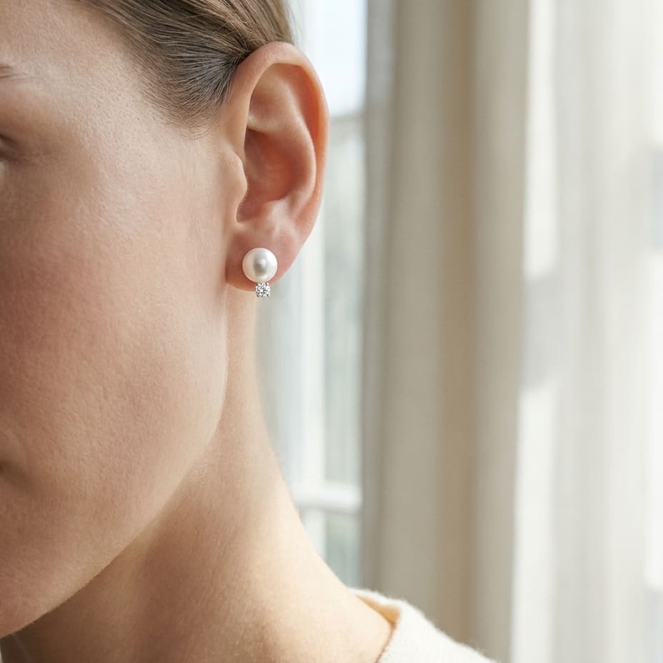 Cultured Pearl Pear Shape Stud Earrings in 14K White Gold, worn close-up portrait
