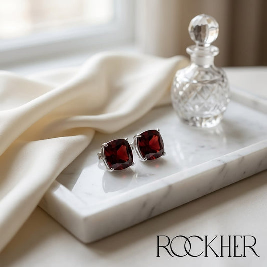 Garnet Cushion Stud Earrings in 14K White Gold, on marble vanity tray with silk