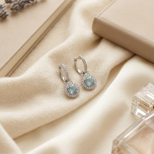 Aquamarine & Diamond Door Knocker Dangle Earrings in 14K White Gold - flat lay