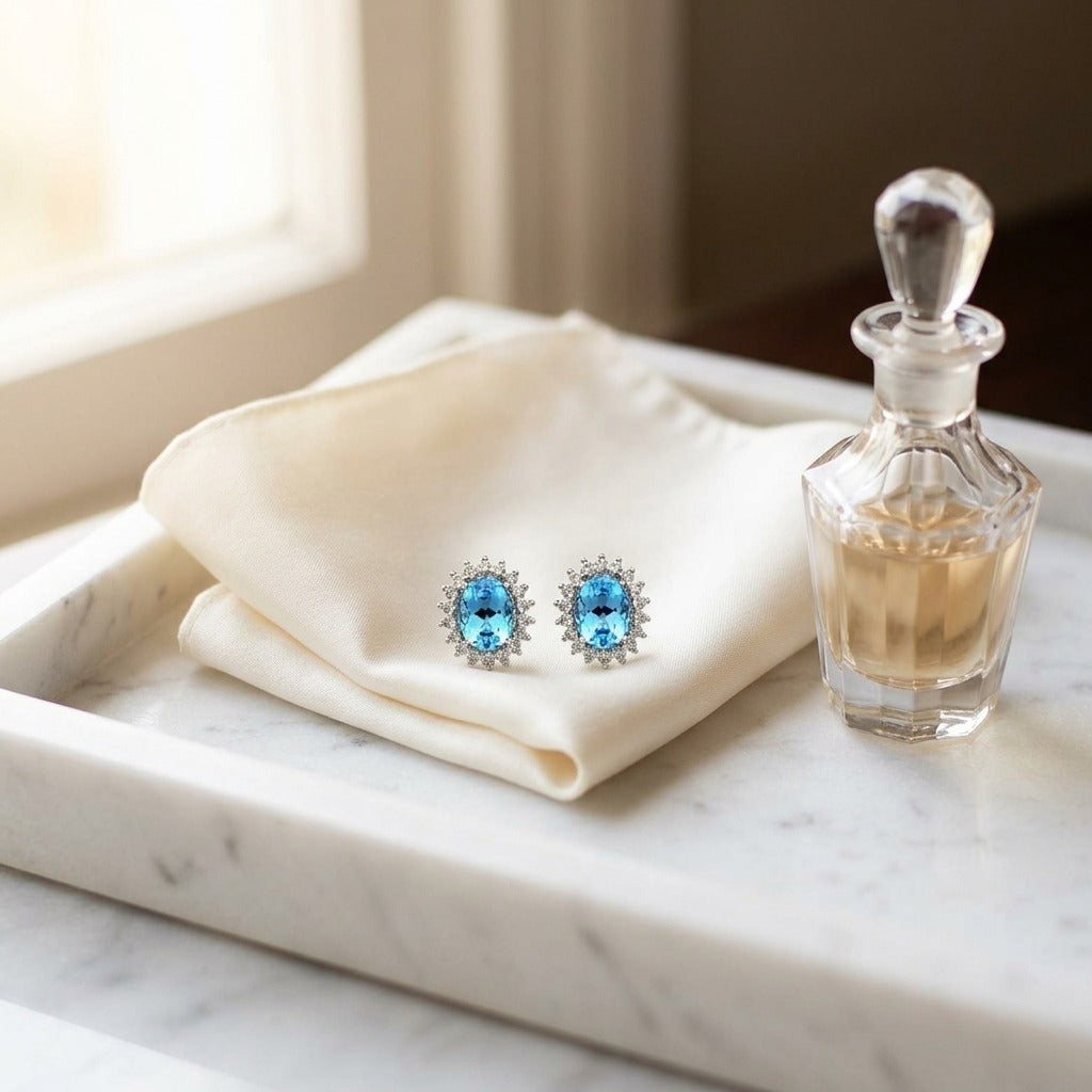 Blue Topaz & Diamond Prong Oval Halo Stud Earrings in 14K White Gold - editorial