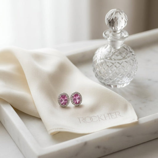 Pink Sapphire and Diamond Earrings in 14K White Gold, on marble vanity tray with silk