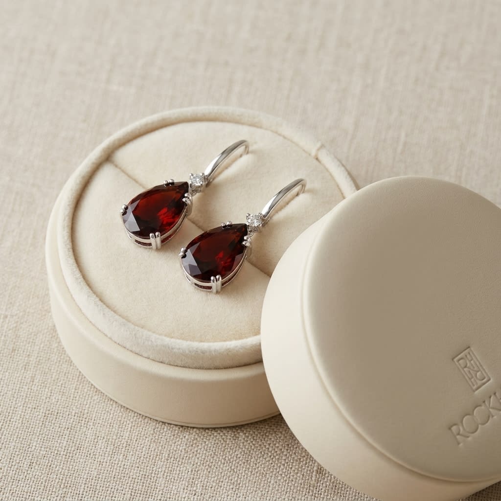 Garnet Pear And Diamond Earrings in 14K White Gold, in navy velvet jewelry box